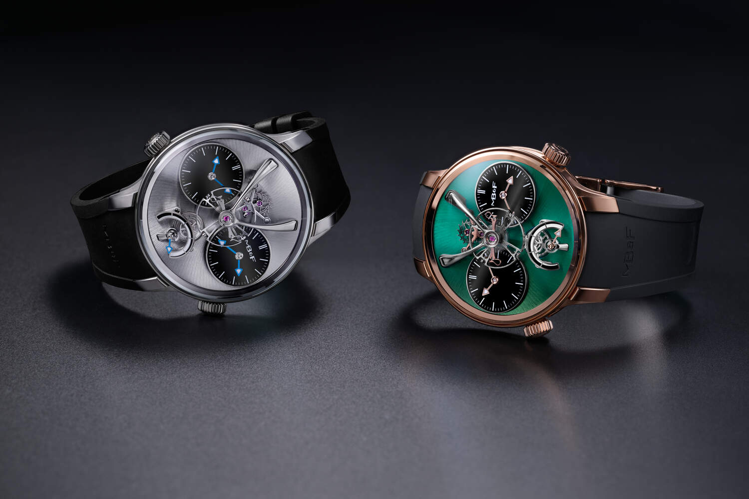MB&F LM1 EVO en titanio y en oro rosa 5N+ con platina verde
